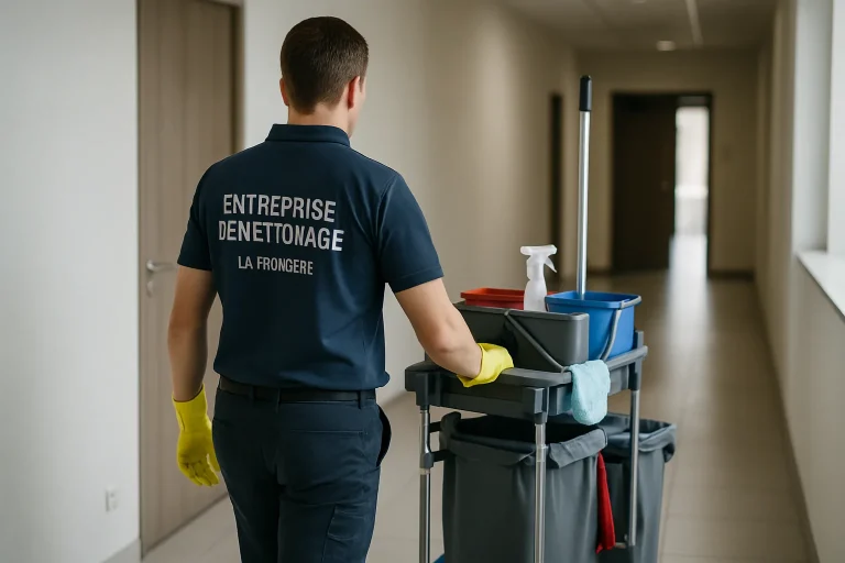Équipe de nettoyage à La Ferrière utilisant des équipements modernes dans un bureau.