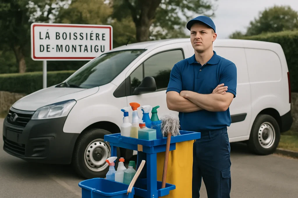 Un agent de nettoyage en uniforme nettoyant un bureau moderne avec des produits écologiques.