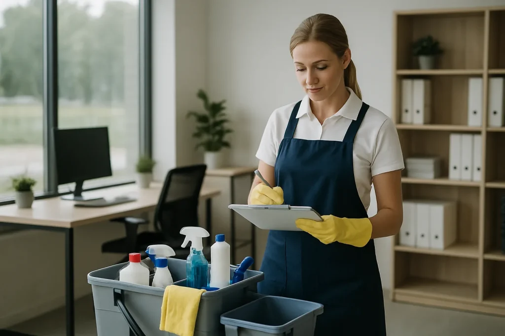 Un employé de nettoyage s'occupant d'un bureau à Saint-Hilaire-de-Riez avec des produits écologiques.