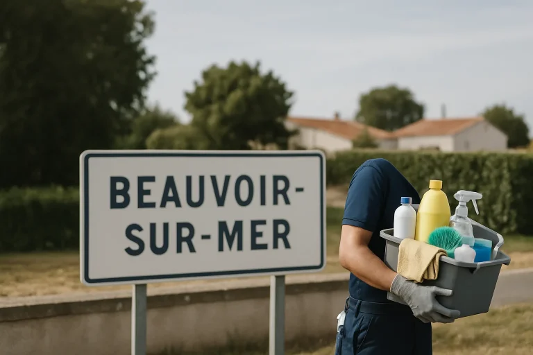Vue aérienne de Beauvoir-sur-Mer avec des maisons colorées et un paysage verdoyant, illustrant la région.