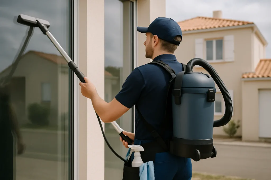 Professionnel du nettoyage en action dans un appartement à Bretignolles-sur-Mer, avec des équipements modernes.
