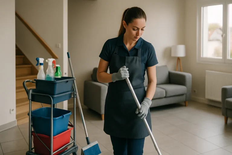 Un technicien de nettoyage à Pouzauges utilisant des produits écologiques dans un appartement.