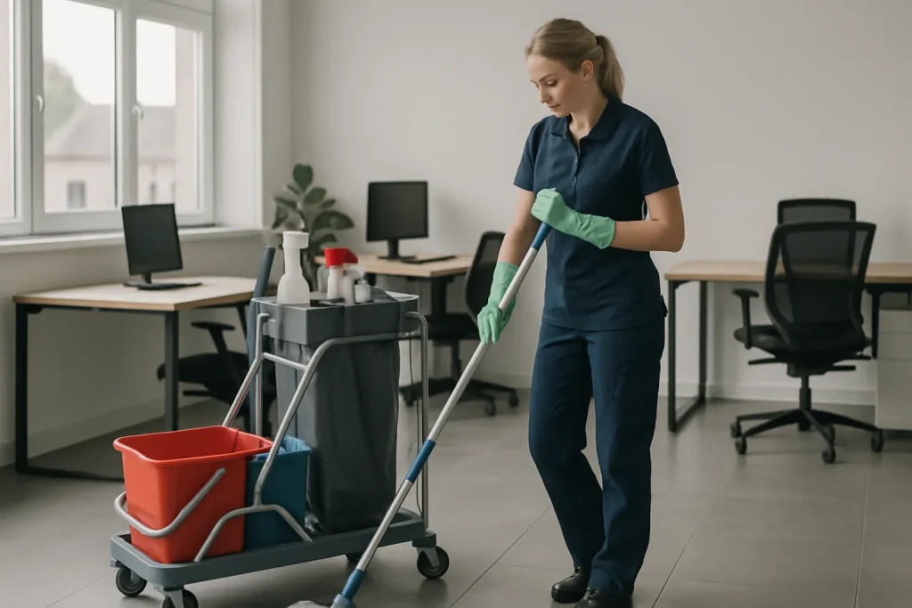 Équipe professionnelle effectuant un nettoyage minutieux dans un bureau à Saint-Hilaire-de-Loulay.