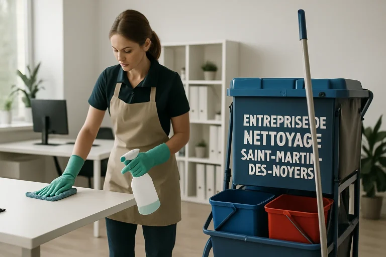 Équipe de nettoyage au travail dans un bureau à Saint-Martin-des-Noyers, utilisant des produits professionnels.