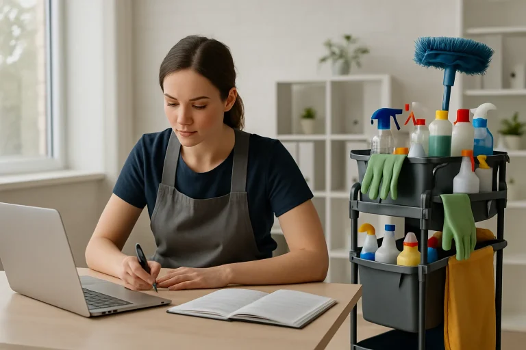 Bureau d'une entreprise de nettoyage à Mouilleron-le-Captif avec produits et documents.