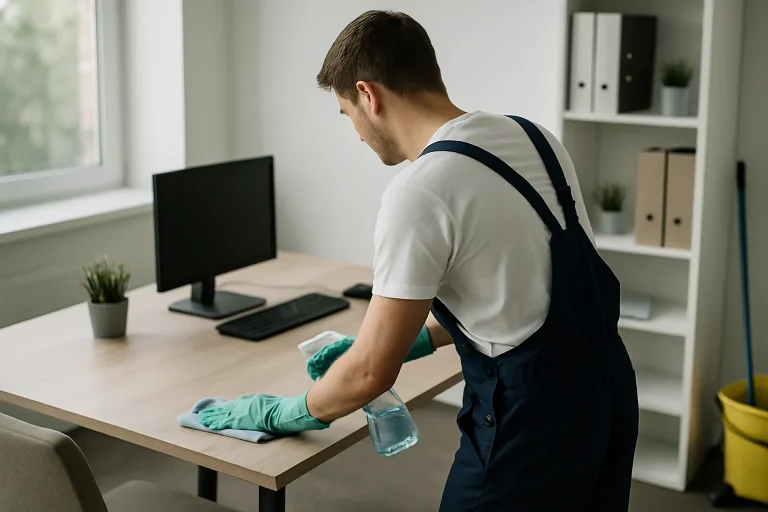 Un agent de nettoyage effectuant des tâches de nettoyage dans un bureau à CHALLANS avec des produits écologiques.