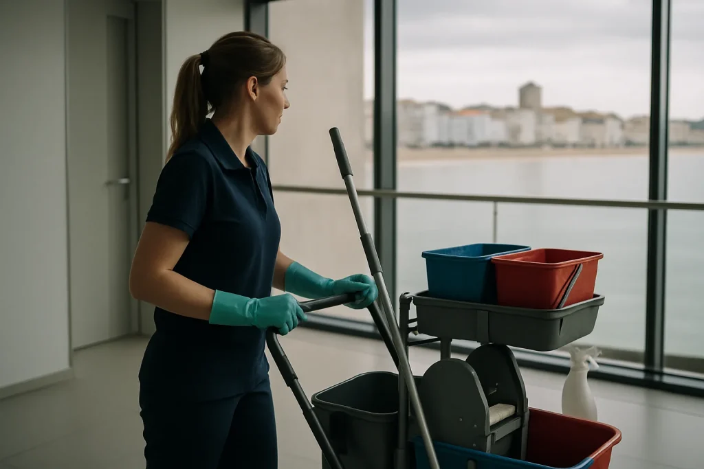 Équipe de nettoyage à Les Sables-d'Olonne nettoyant un appartement avec des équipements modernes.