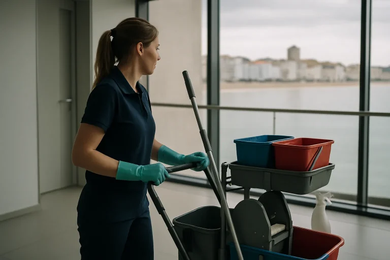 Équipe de nettoyage à Les Sables-d'Olonne nettoyant un appartement avec des équipements modernes.