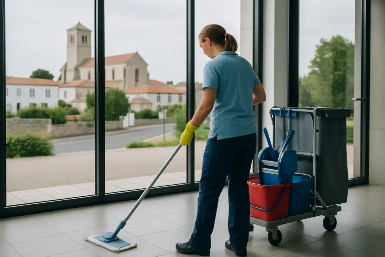Équipe de nettoyage professionnelle intervenant dans un appartement insalubre à Saint-Michel-en-l'Herm.
