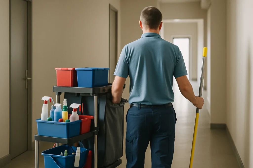 Professionnel en nettoyage désinfectant un appartement à Château-d'Olonne.