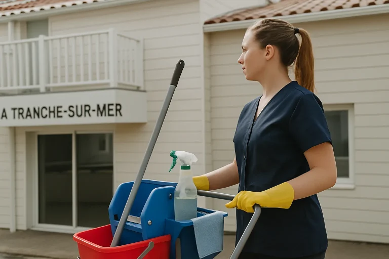 Équipe de nettoyage sur la plage de La Tranche-sur-Mer ramassant des déchets sous le soleil.