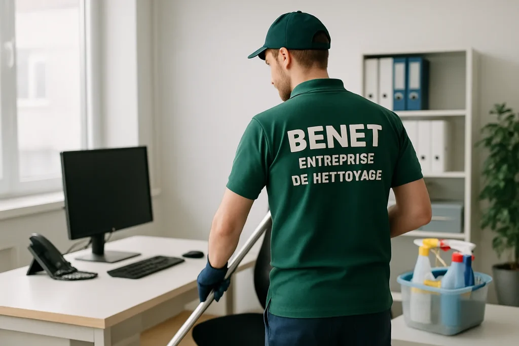Équipe de nettoyage à Benet, utilisant des équipements professionnels dans un bureau.