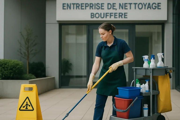 Équipe de nettoyage dans un appartement à Boufféré, utilisant des équipements professionnels.