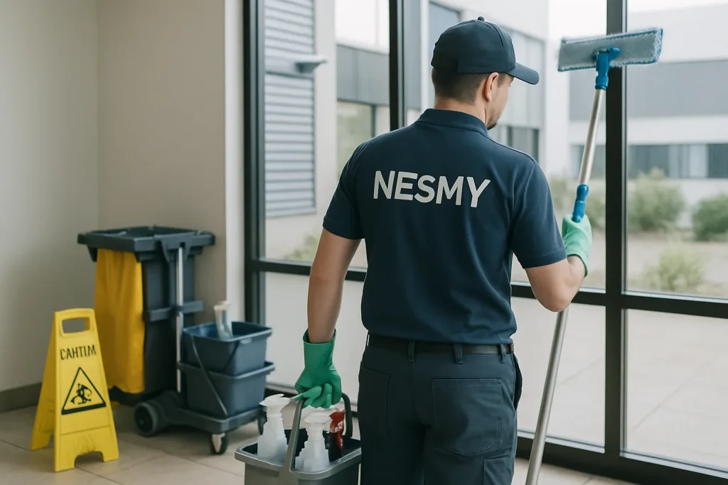 Équipe de nettoyage à Nesmy nettoyant un appartement avec des équipements modernes.