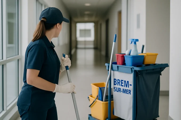 Une équipe de nettoyage professionnelle nettoyant un appartement à BREM-SUR-MER avec un aspirateur.