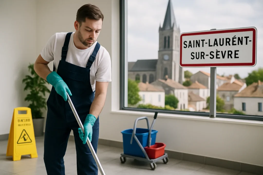 Équipe de nettoyage nettoyant un appartement à Saint-Laurent-sur-Sèvre avec des outils modernes.