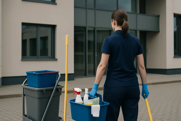 Un professionnel du nettoyage effectue des travaux dans un appartement à La Roche-sur-Yon, utilisant différents outils.