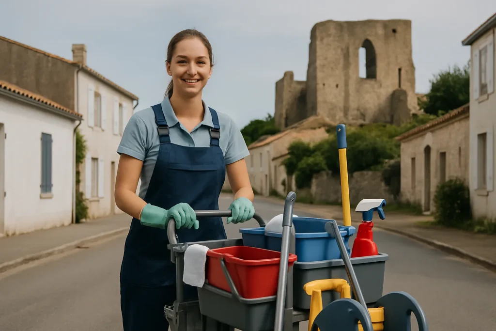 Professionnel du nettoyage à Talmont-Saint-Hilaire nettoyant un appartement insalubre.